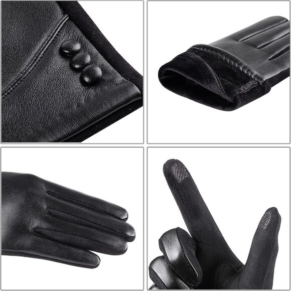 Women's Black Winter Leather Touch Screen Wool Lined Windproof Warm Dress Gloves - Picture 3 of 7